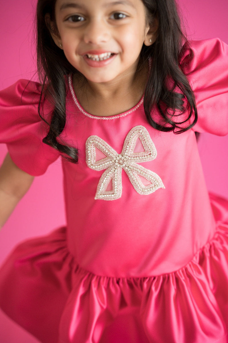 Pre-Order: Luxurious Bridal Satin Dress-Bright Pink– Peony Kids Couture