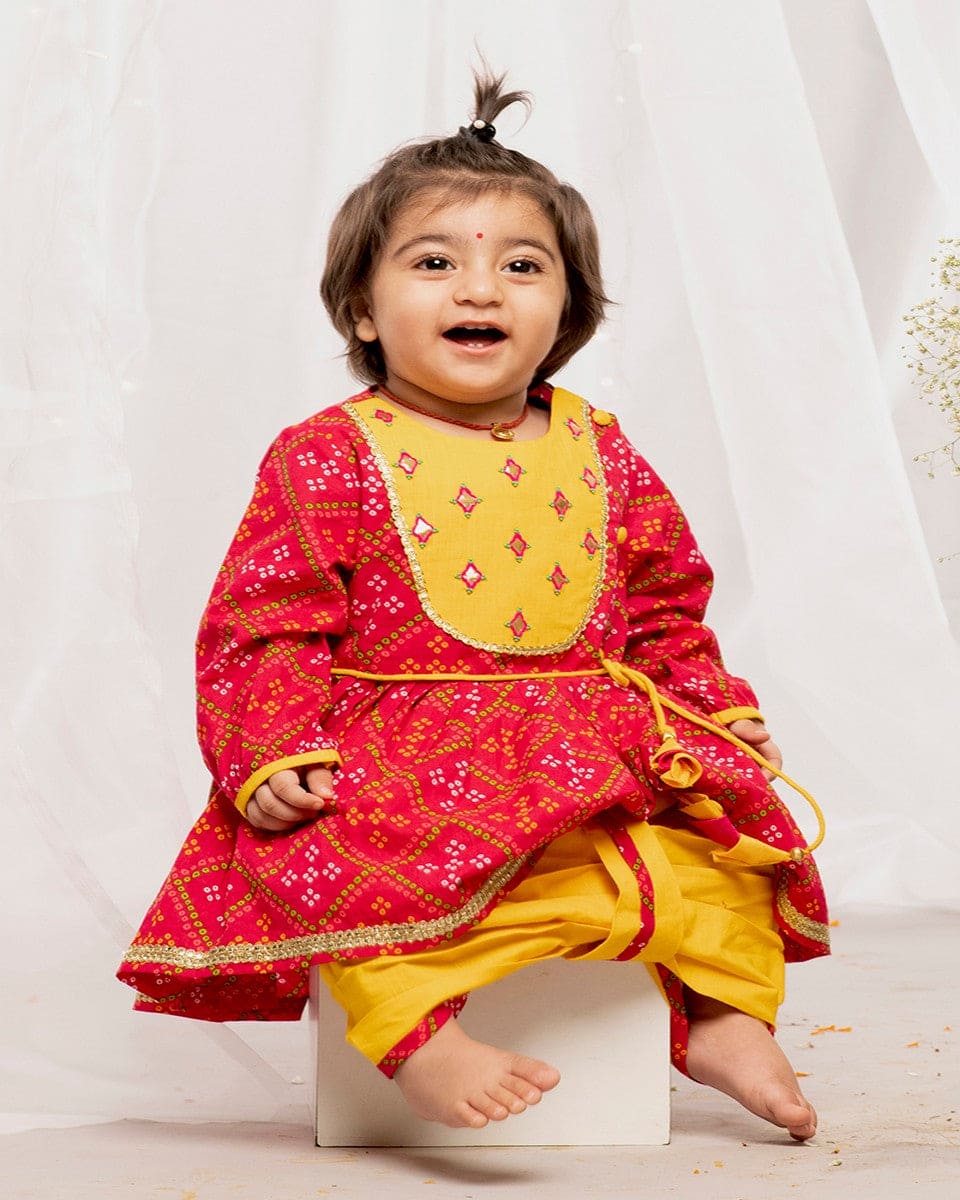 Buy superminis Baby Girls Cotton Jaipuri Printed Angrakha Style Anarkali  Kurti with Contrast Color Regular Plain Sharara Dress MustardMaroon  1218 Months at Amazonin