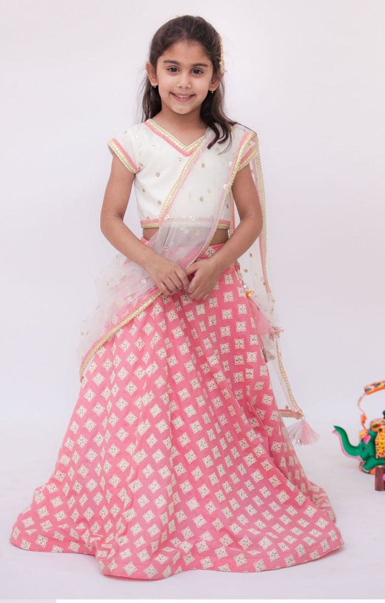 Buy Off white Chanderi Coral Pattu Lehenga with Choli for Girls Online